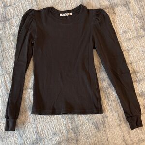 AMO Black Ribbed Long Sleeve Puff Shoulder Tee